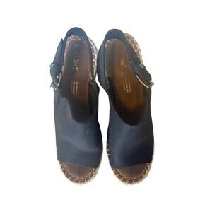 TOMS Women’s Black Canvas Espadrille Wedge Sandals Size 7.5 Peep Toe Ankle Strap